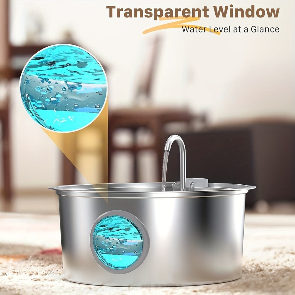 7L Pet Water Fountain with Stainless-Steel-Marked Basin, Water-Level Window and Dual Arched Outlets