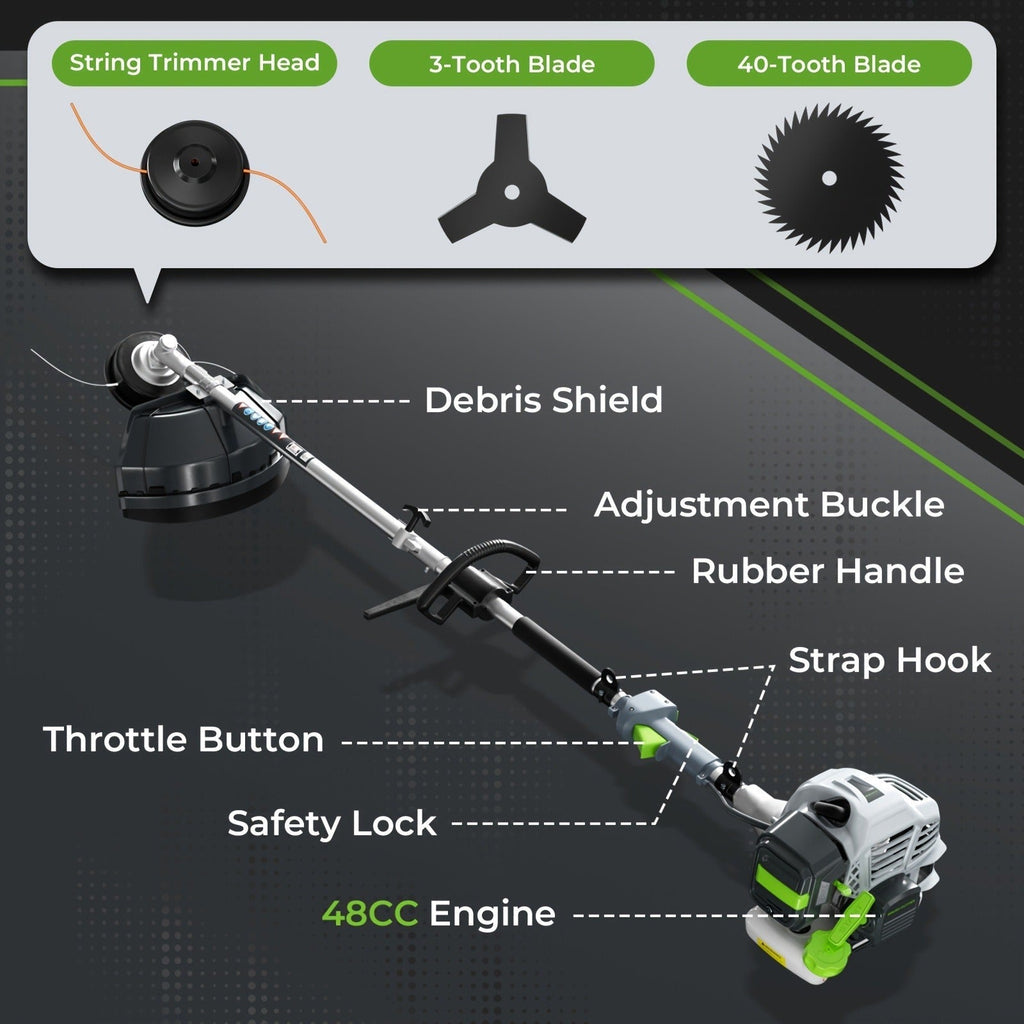 Gas String Trimmer 3-in-1, 36CC/48CC/52CC 2-Stroke Brush Cutter & Weed Wacker with String Head, 3T Blade & 40T Circular Blade