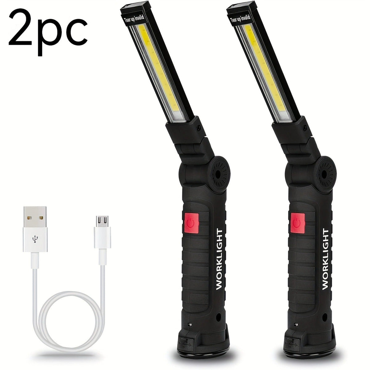Foldable Black and Khaki Work Light Multipacks with Pivoting COB Bar and Pictured Charging Cables