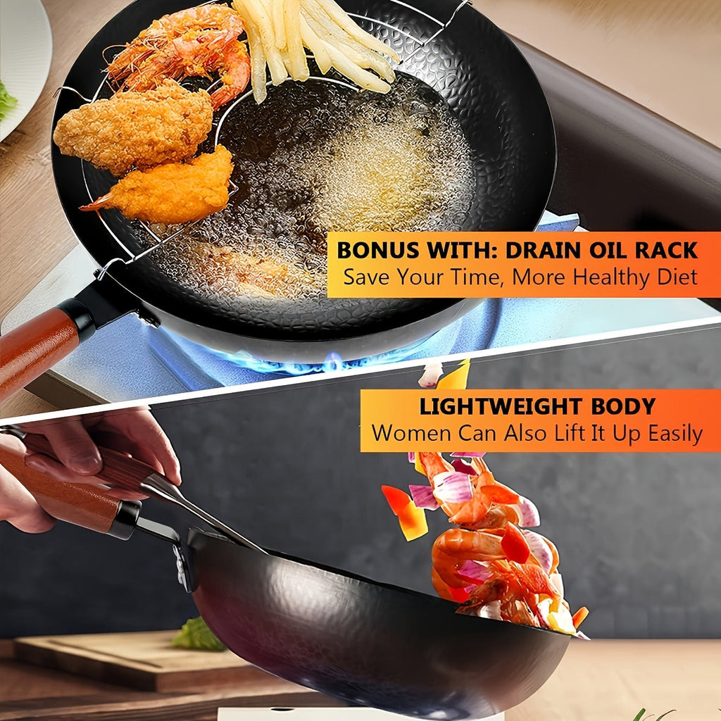 Wok Set Cast Iron 12.6 Inch Nonstick with 13 Accessories, Natural Nonstick No Chemical Coating Stir Fry Pan with Lid & Detachable Handle