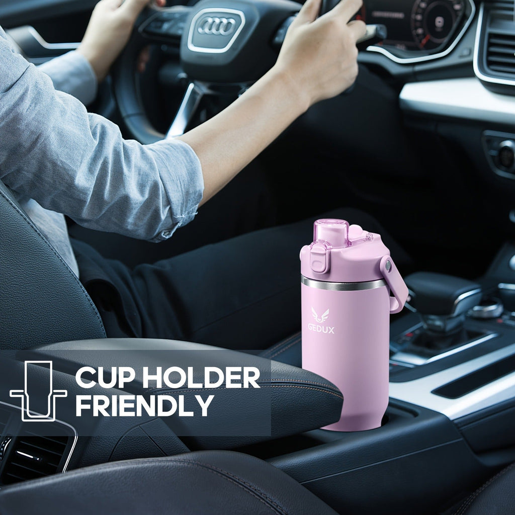 Handled Stainless Steel Tumbler with Flip Straw and Chug Lid, Silicone Boot, Pink or Black-Red Finish