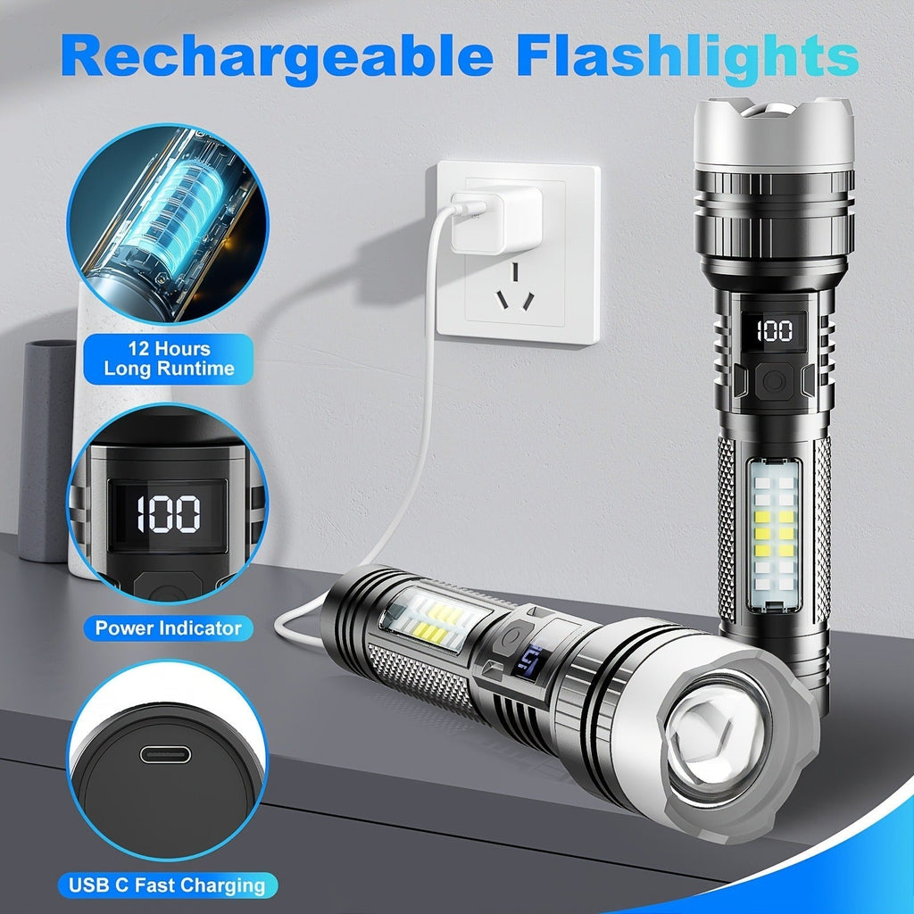 Flashlight 2000-Lumen 2-Pack with Five Modes, COB Side Light, Type-C Charging and Power Display
