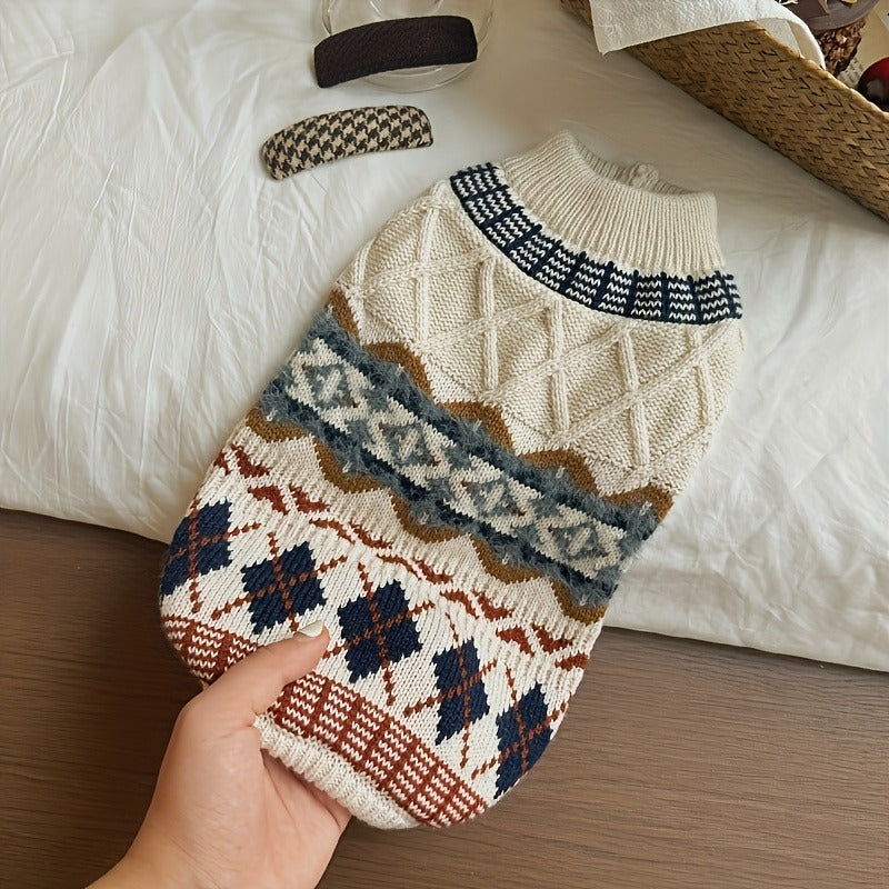 Cable-Knit Dog Turtleneck Sweater with Fair Isle Pattern, Beige or Blue and Five XS–XL Sizes