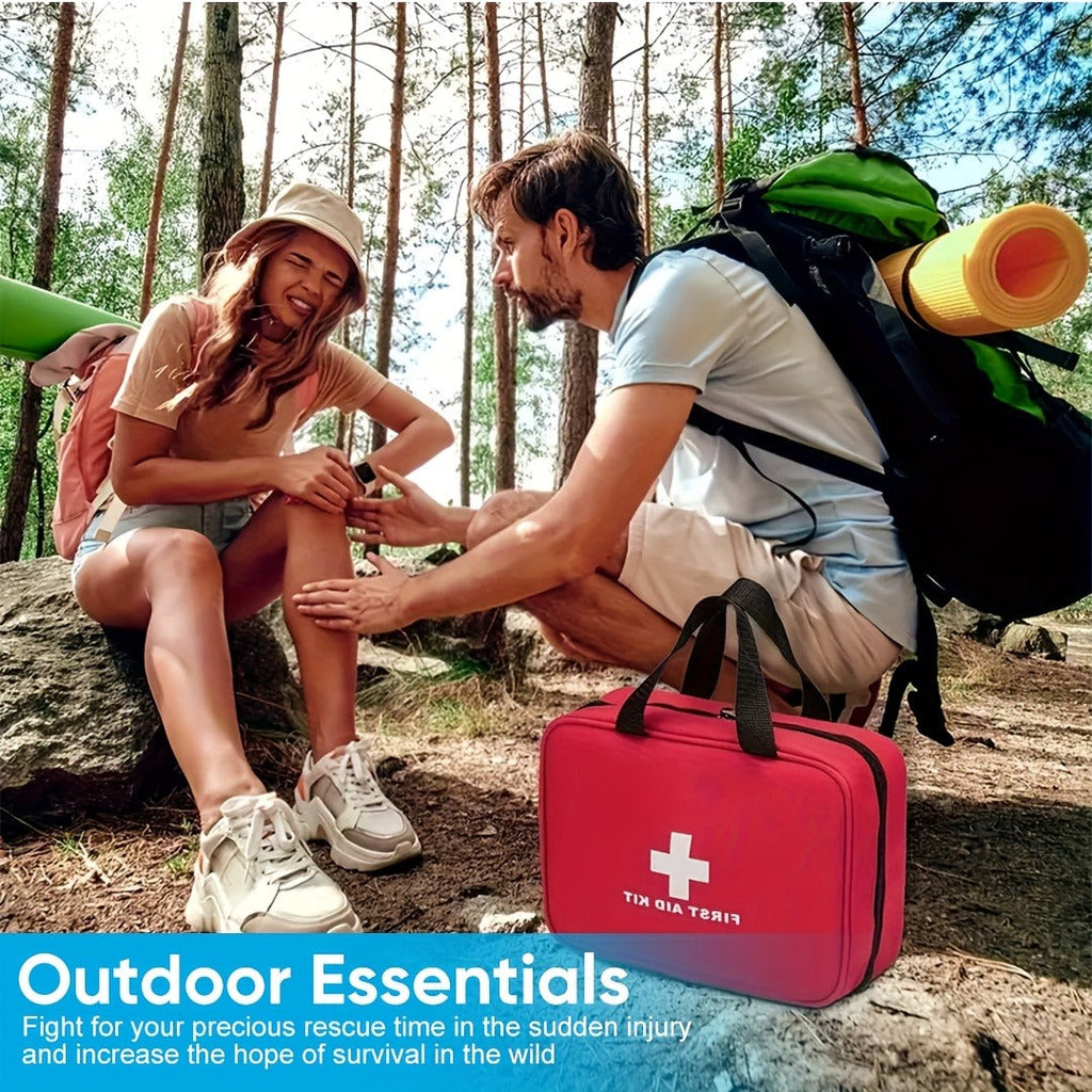 338-Piece First Aid Supply Kit in Red Handled Zipper Bag with Organized Interior Compartments