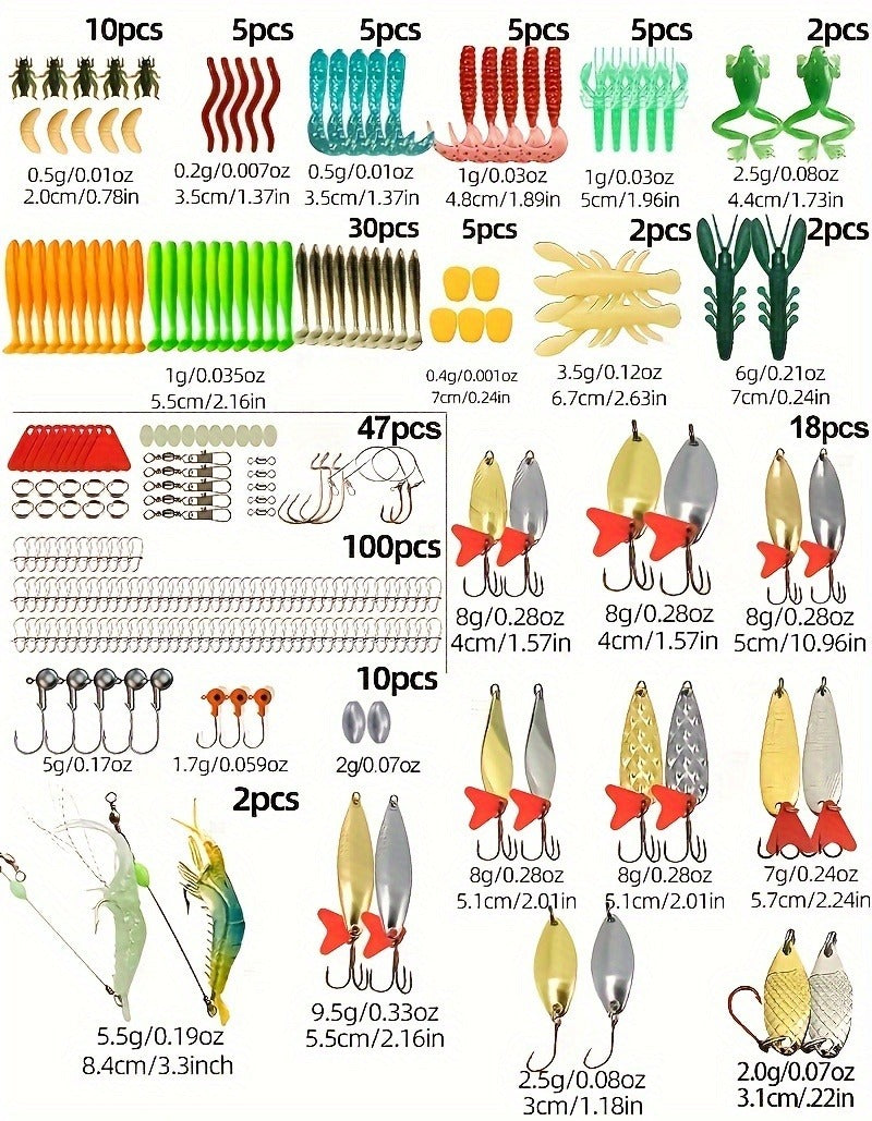 Fishing Lures Kit 361pcs with Tackle Box – Minnow, Spoon, Frog, Soft Worm, Jig Head & Spinner Baits Set for Saltwater & Freshwater Bass