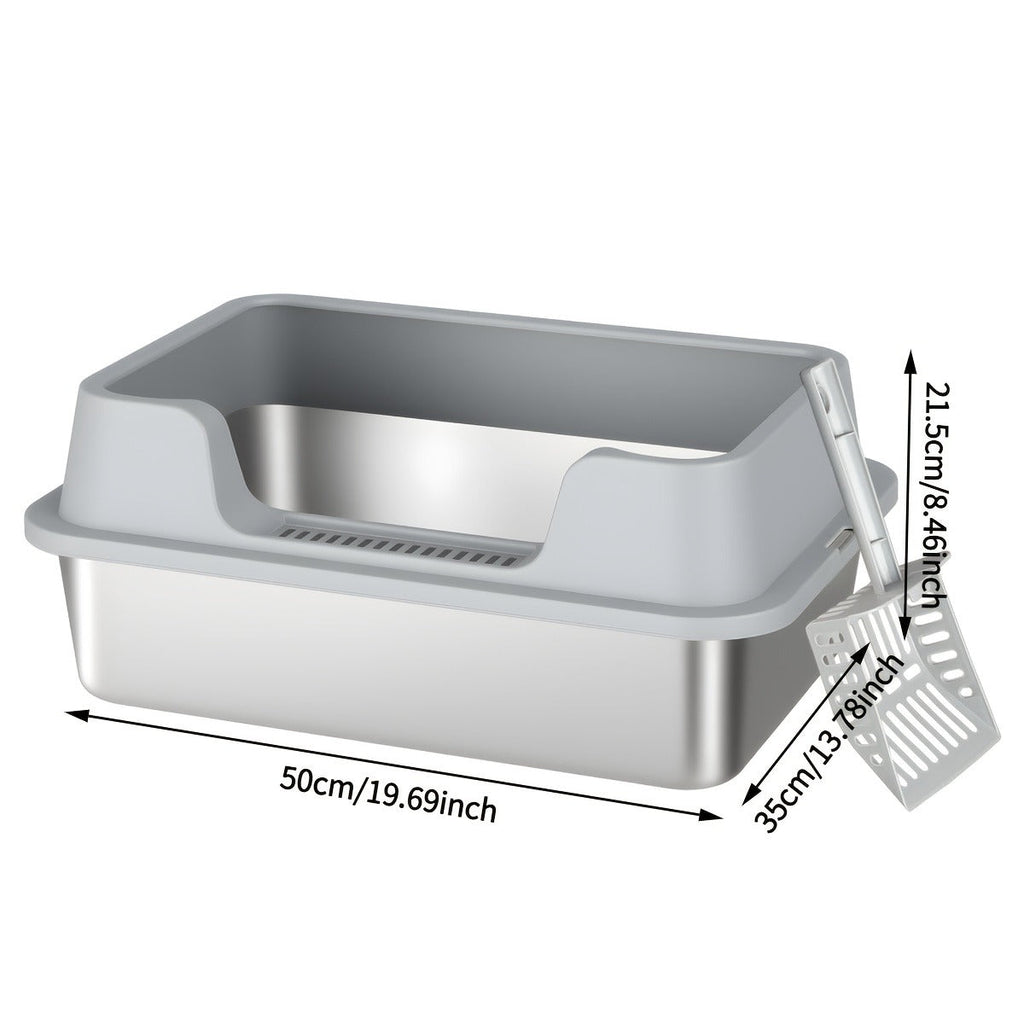 Stainless Steel Cat Litter Box with High-Wall Surround, Front Step, Scoop and 8.46- or 10.43-Inch Wall Options