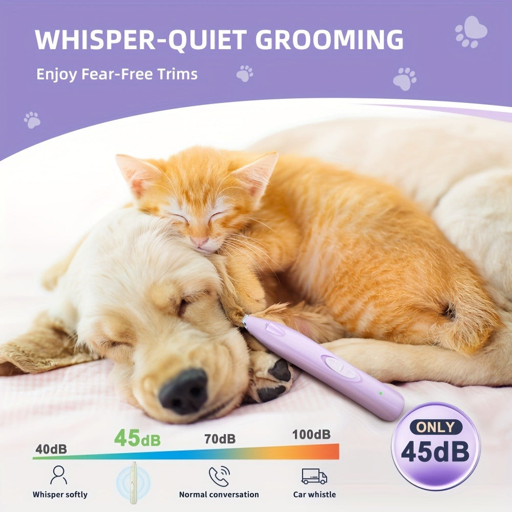 LED Dog Paw Trimmer with USB-Rechargeable Cordless Design, Spare Head Pieces and Purple or Green Finish