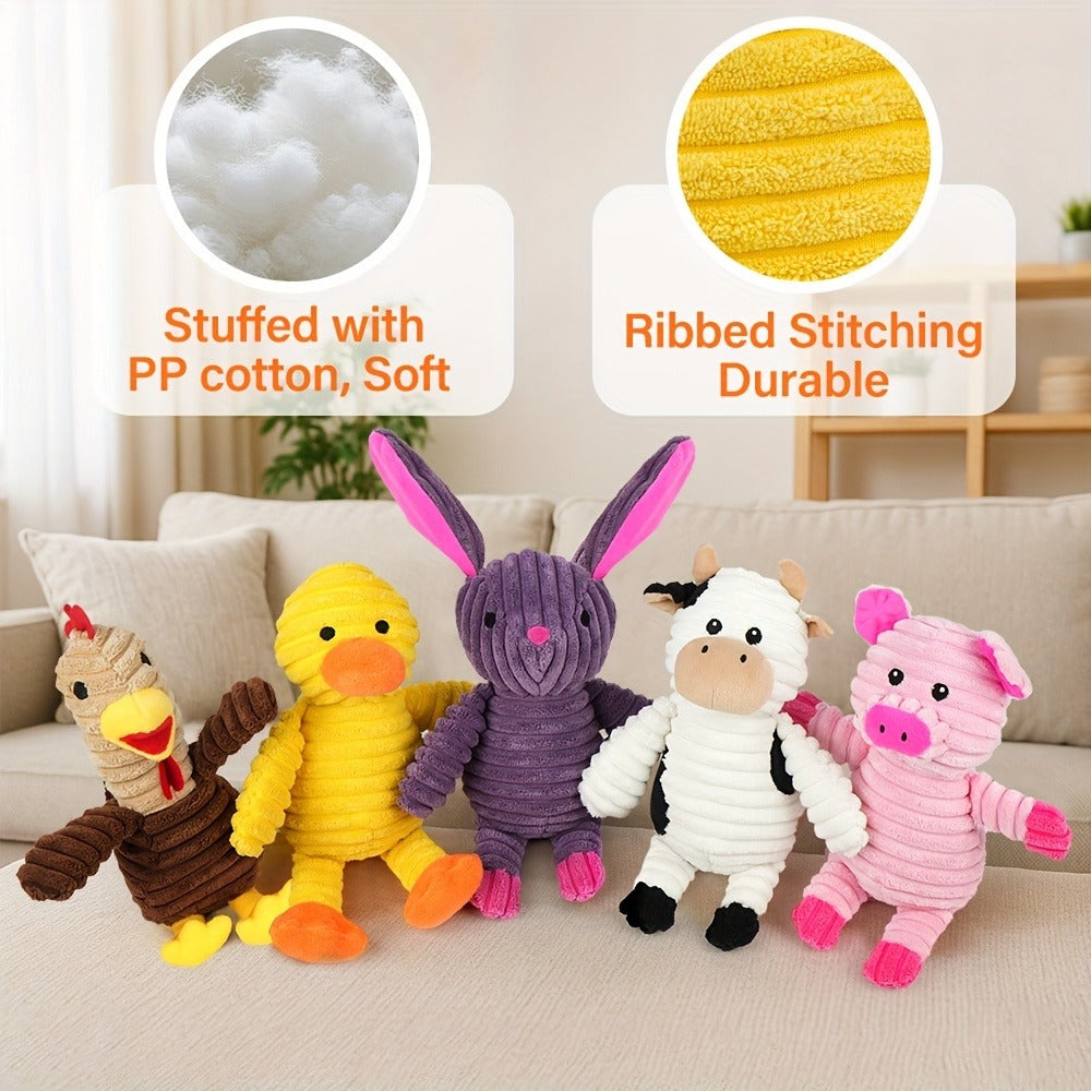 Dog Toys Five-Piece Squeaky Plush Animal Set with Pig, Frog, Elephant, Chicken and Fox Designs