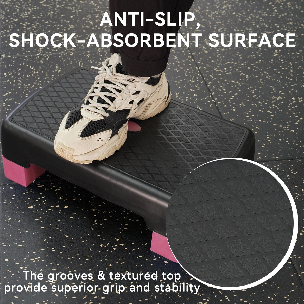 Aerobic Step Platform Adjustable Height with 2 Risers – Non-Slip Workout Stepper 18"x11", 440 LB Capacity
