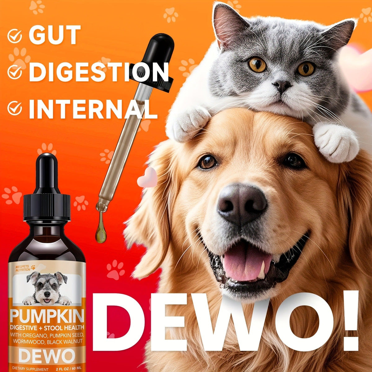Pet Gut Wellness Drops with Black Walnut & Pumpkin Seed – Digestive Supplement for Dogs & Cats, Flora Balance