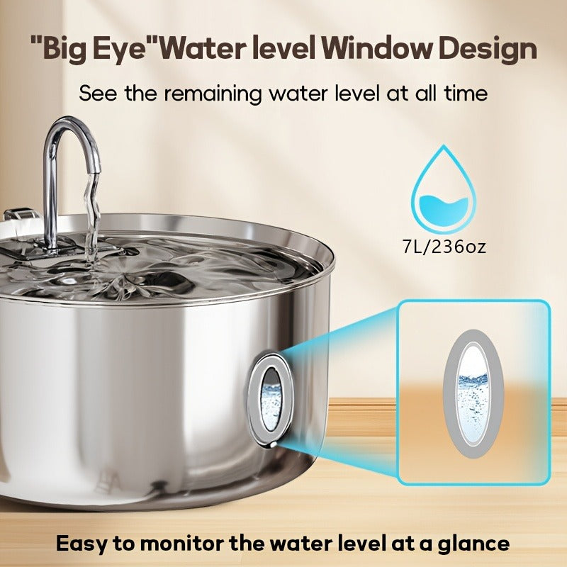 FT007 7L Pet Water Fountain with Stainless-Steel-Marked Basin, Central Faucet Outlet and Water Window