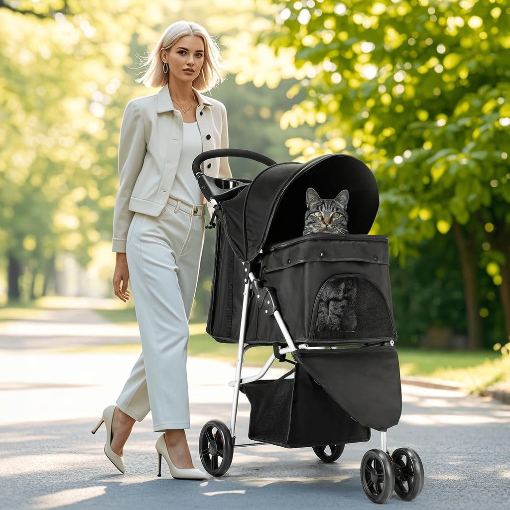 Black Three-Wheel Pet Stroller with Mesh Cabin, Front Cover, Cup Tray and Lower Storage Basket