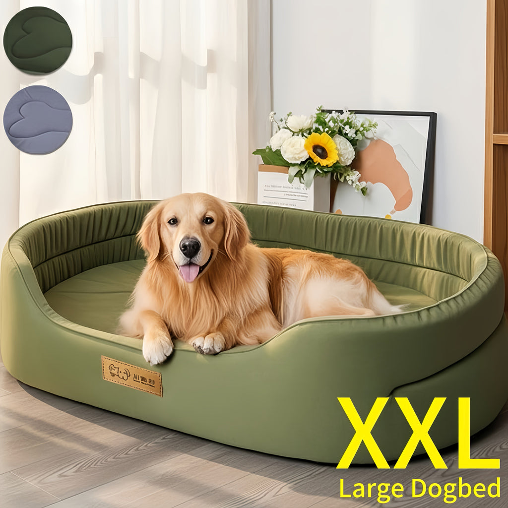 Oval Bolster Dog Bed with Gray or Green Cover and Three Labeled Sizes from M to 2XL, Six Variants