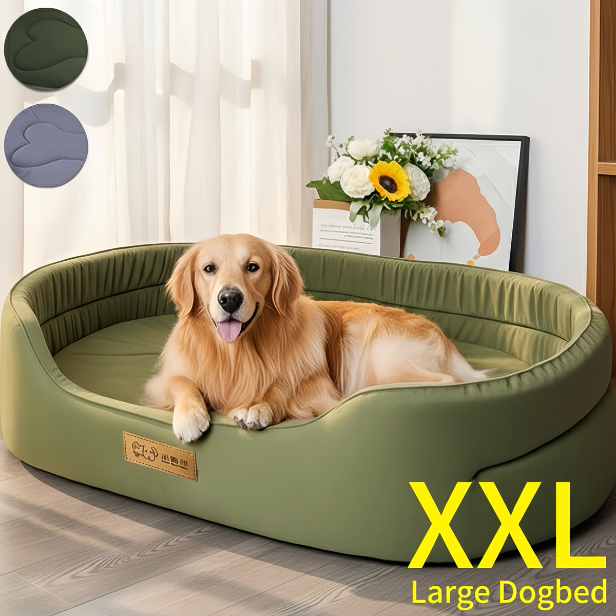 Oval Bolster Dog Bed with Gray or Green Cover and Three Labeled Sizes from M to 2XL, Six Variants