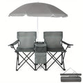 Folding Fishing Chair with Sun Umbrella – 2-Seat Portable Outdoor Chair, Iron Alloy Frame & Oxford Fabric, Built-In Storage Bag & Carry Bag