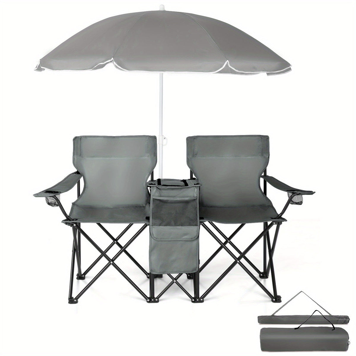 Folding Fishing Chair with Sun Umbrella – 2-Seat Portable Outdoor Chair, Iron Alloy Frame & Oxford Fabric, Built-In Storage Bag & Carry Bag