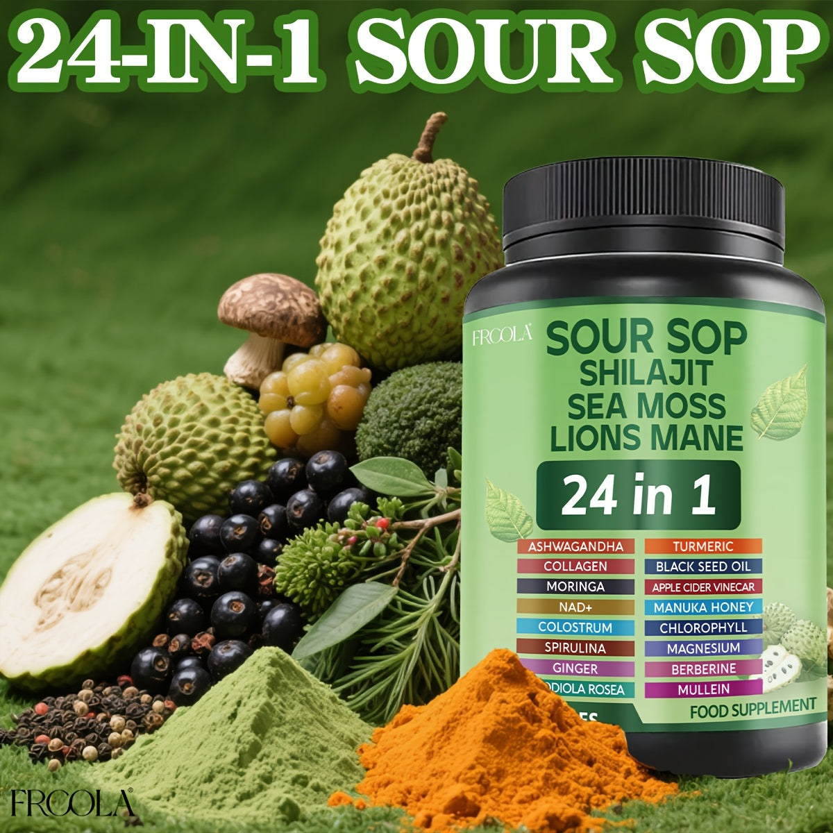 Soursop Graviola Supplement Capsules 24-in-1 with Sea Moss, Shilajit, Lion’s Mane, Vitamin D3, Black Seed Oil
