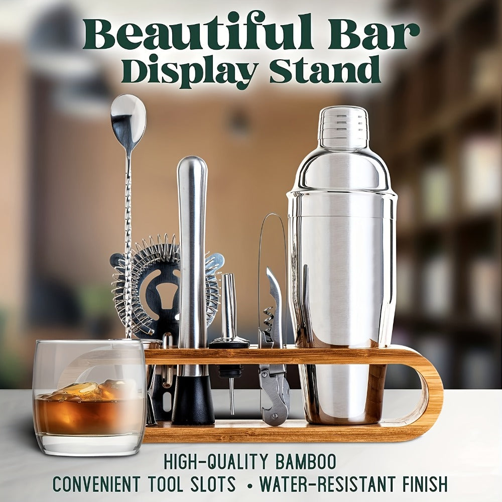 Bartender Kit 10 Piece Stainless Steel Bar Tool Set with Bamboo Stand Cocktail Shaker Mixing for Entryways, Bedrooms and Living Spaces