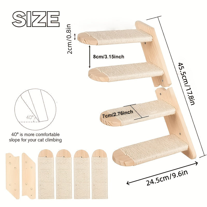 Four-Step Wall-Mounted Cat Ladder with 45.5cm Wood Frame, Rope-Covered Treads and Fastener Points