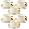 Ceramic Cappuccino Cups with Saucers Set of 6 – 8oz Coffee Mugs with Golden Trim, Latte Art Cups for Espresso Mocha