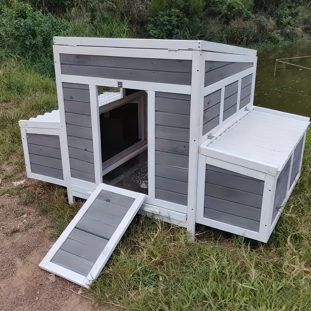 Wooden Chicken Coop with 2 Large Nesting Boxes for 4-6 Chickens, 59" Outdoor Hen House with PVC Roof