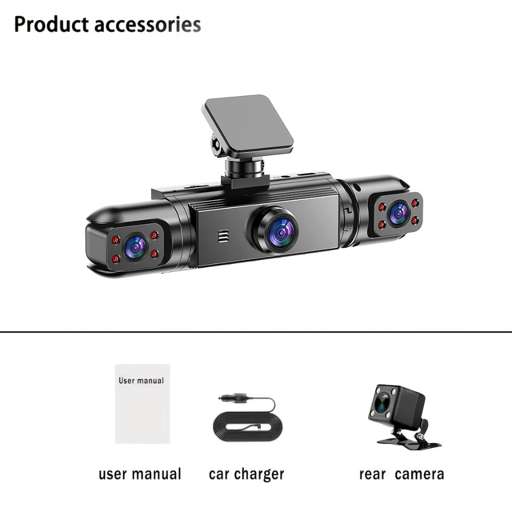 360° 4-Channel Dash Cam 1080P Front + 720P Rear Left Right Full Coverage, WDR Night Vision, G-Sensor, Loop Recording