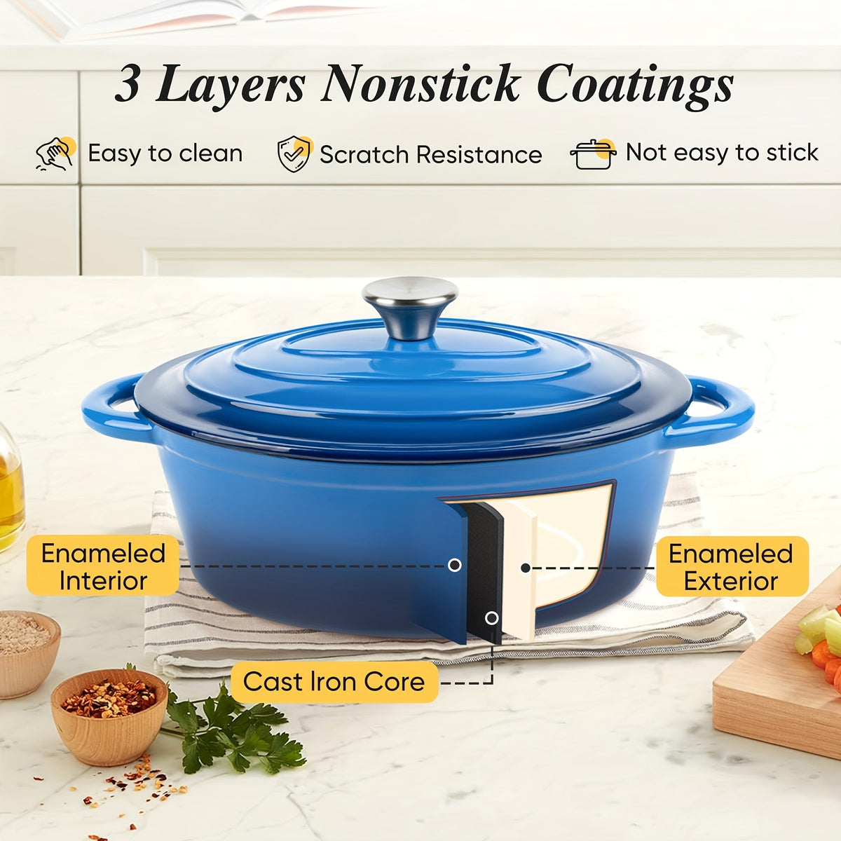 3.5L Enameled Cast Iron Dutch Oven with Oval Body, Fitted Lid, Handle Covers and Five Colors