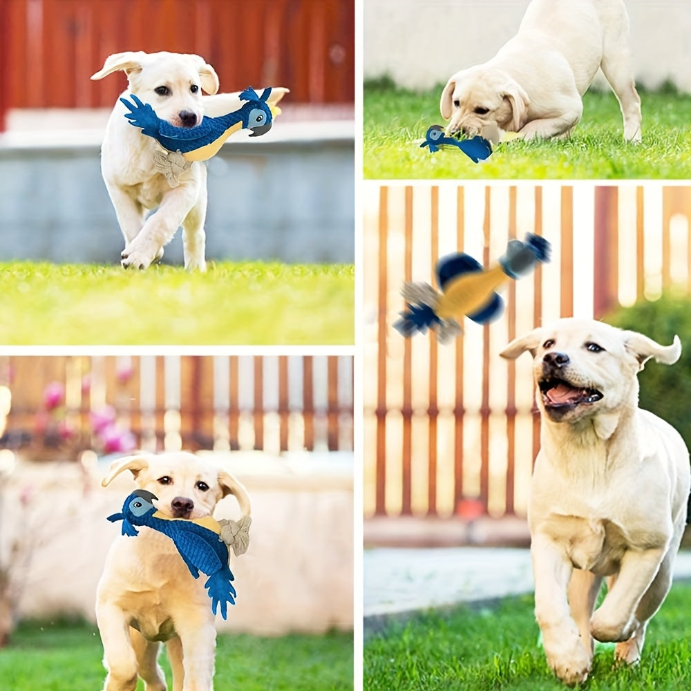 Blue Plush Parrot Dog Toy with Rope Legs and Tail, Built-In Squeaker and 14.7-Inch Pictured Height