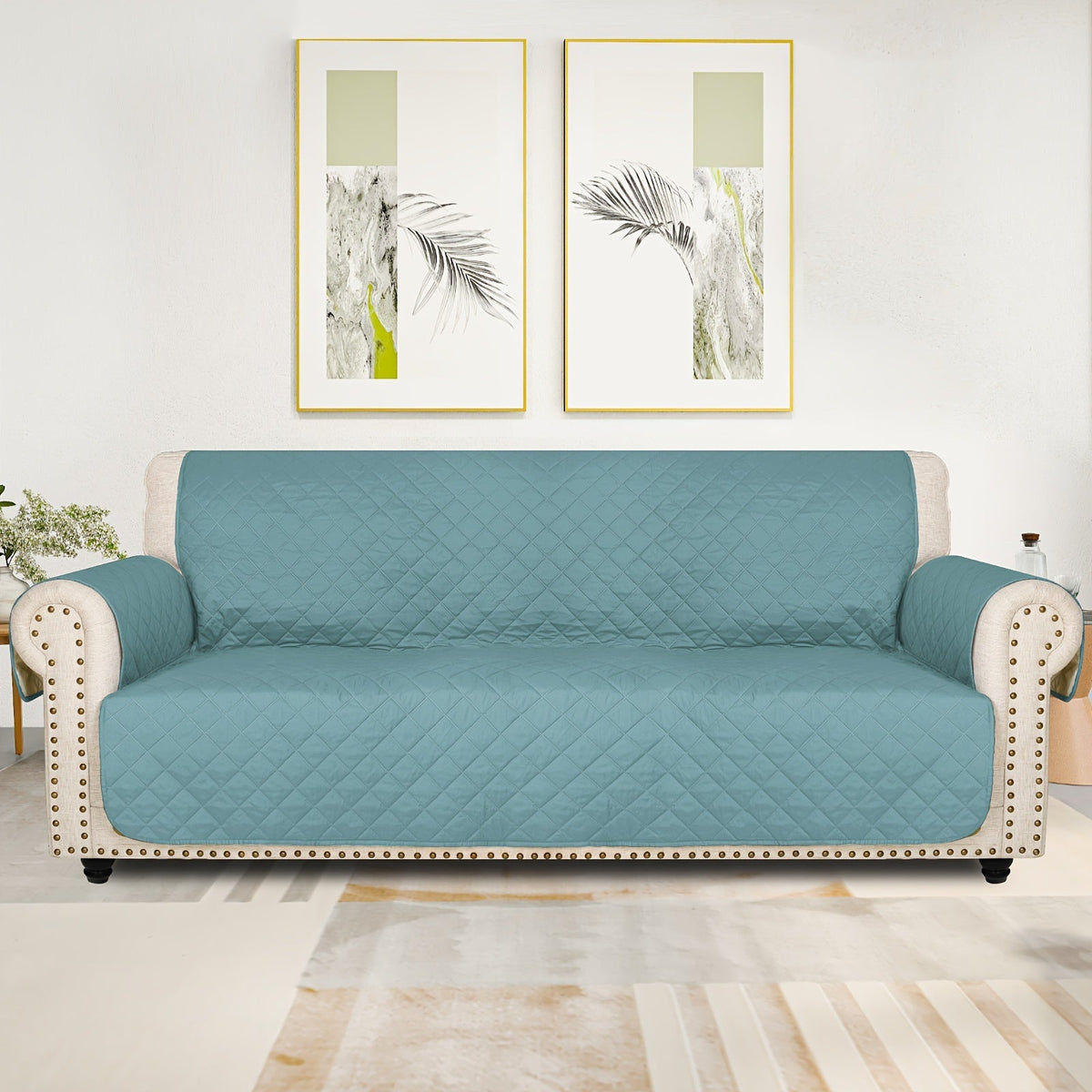Sofa Cover Five-Layer Quilted Microfiber Protector with Elastic Strap and Foam Anchors for 3 or 4 Seats