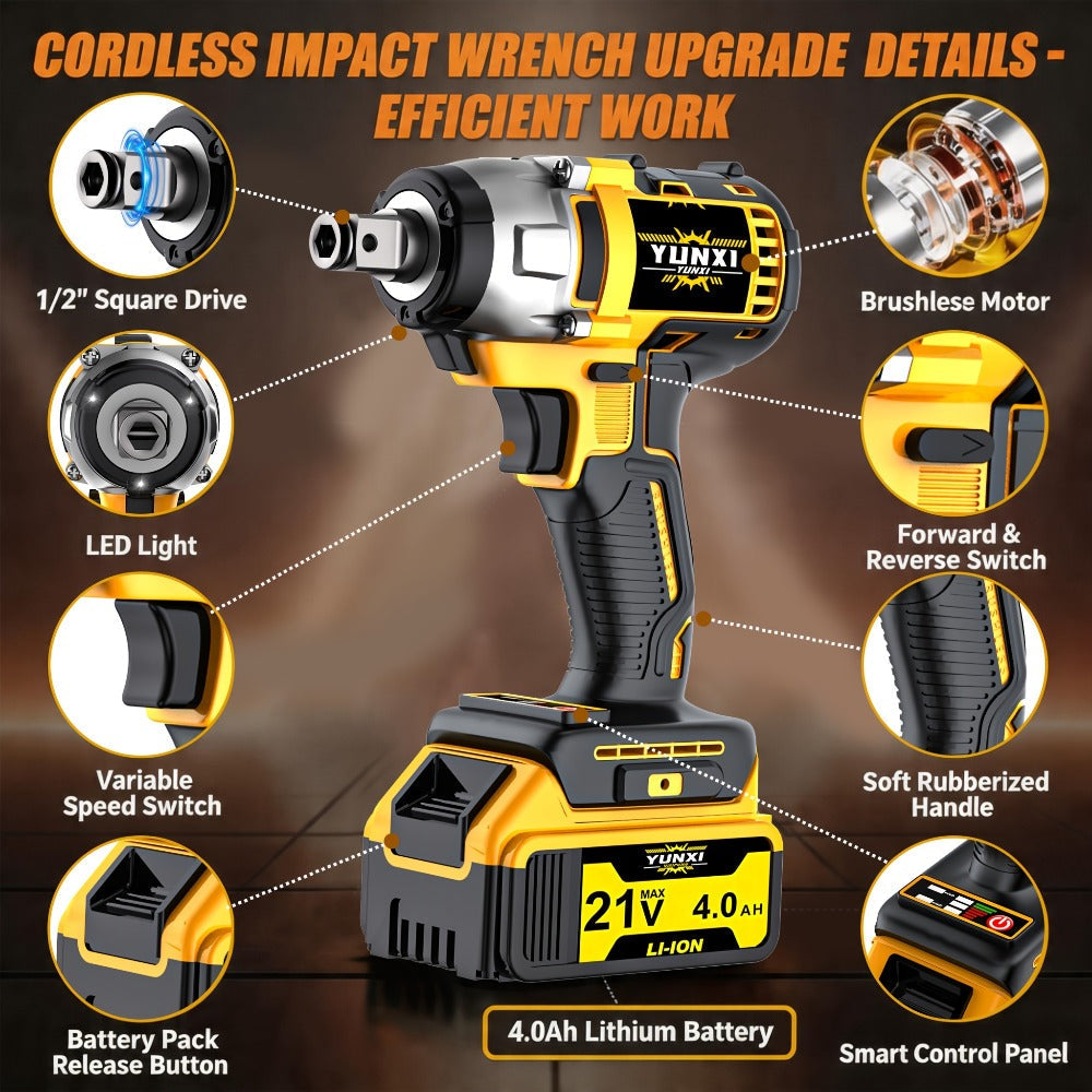 Cordless Impact Wrench 21V Brushless Electric Drill Set with 4000mAh Battery, Toolbox & Full Accessories