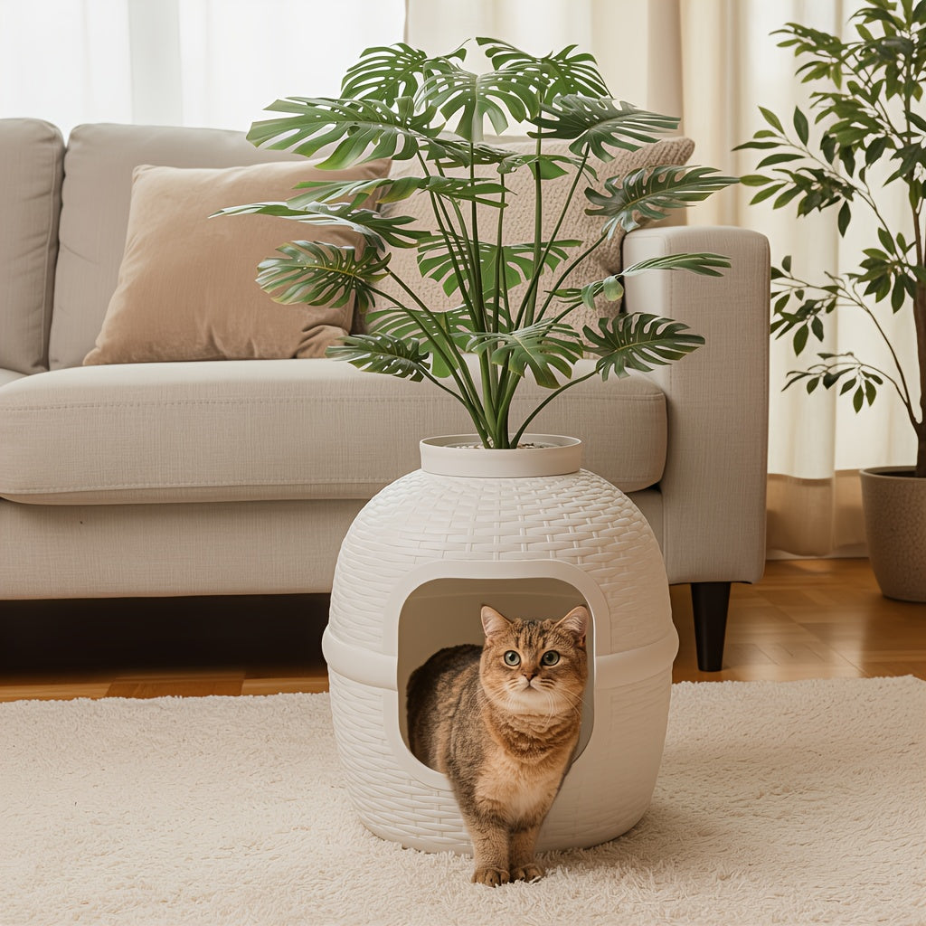 Hidden Litter Box Enclosure with Rattan Plant Design – Large Cat Litter Box Furniture, Waterproof PP, Easy Assembly