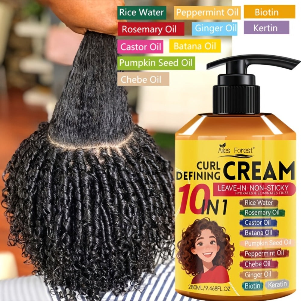 10-in-1 Curl Styling Cream in a 280ml Pump Bottle with Rice Water, Biotin and Named Oils Listed on Label