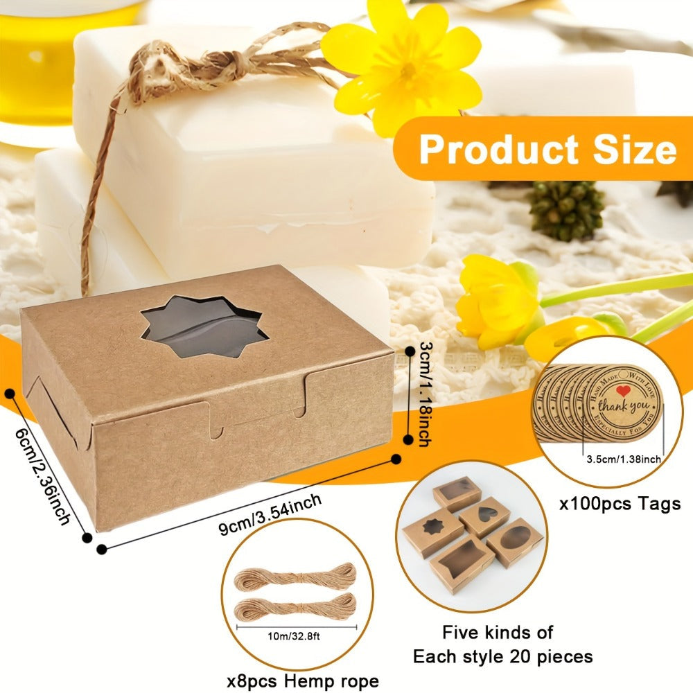 Kraft Soap Boxes with Window 100 Pcs, Small Soap Packaging Boxes for Homemade Soap, Bakery Candy Cookie Gift Box