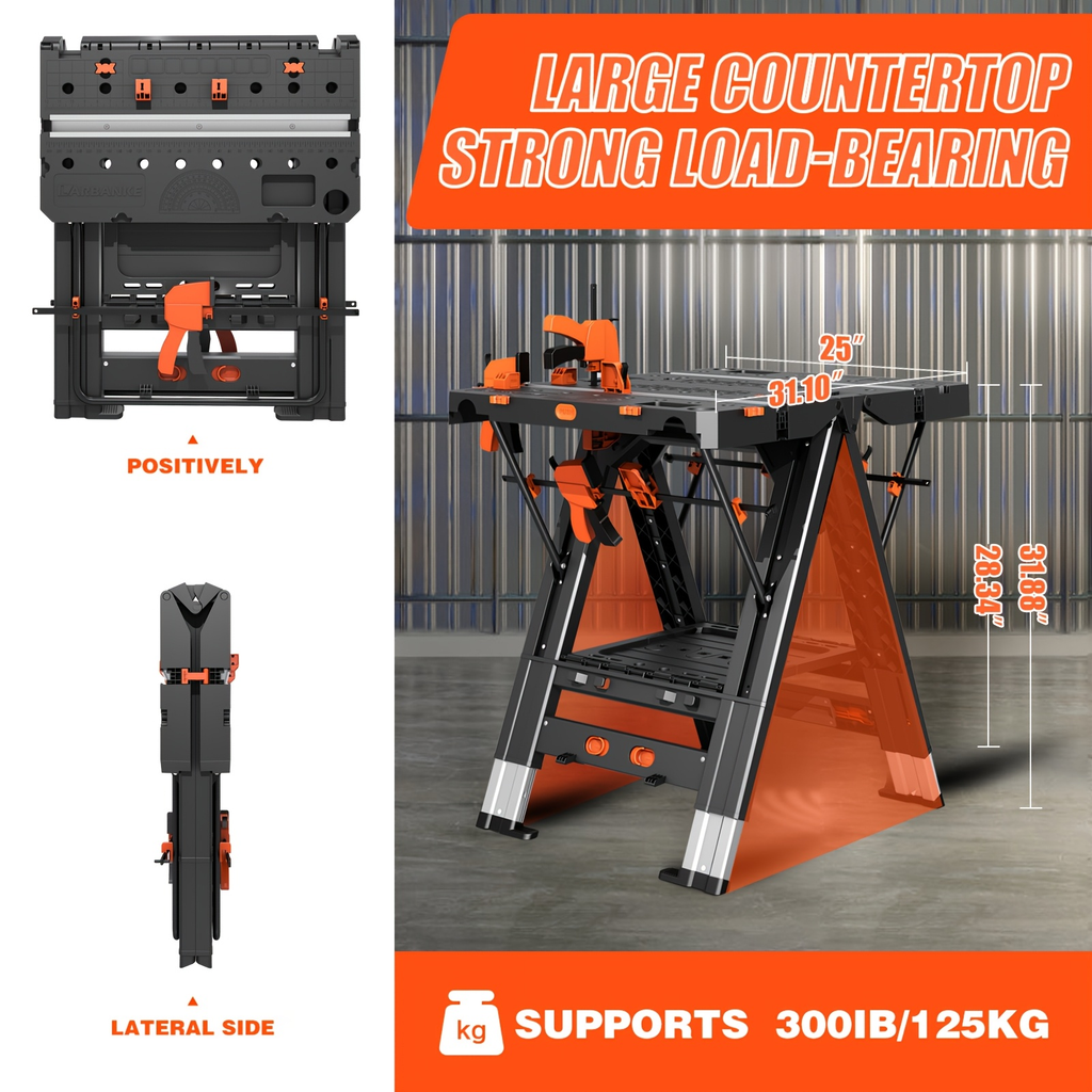 Black Folding 31 x 25-Inch Workbench and Sawhorse with Clamps, Connecting Blocks and Carry Handle