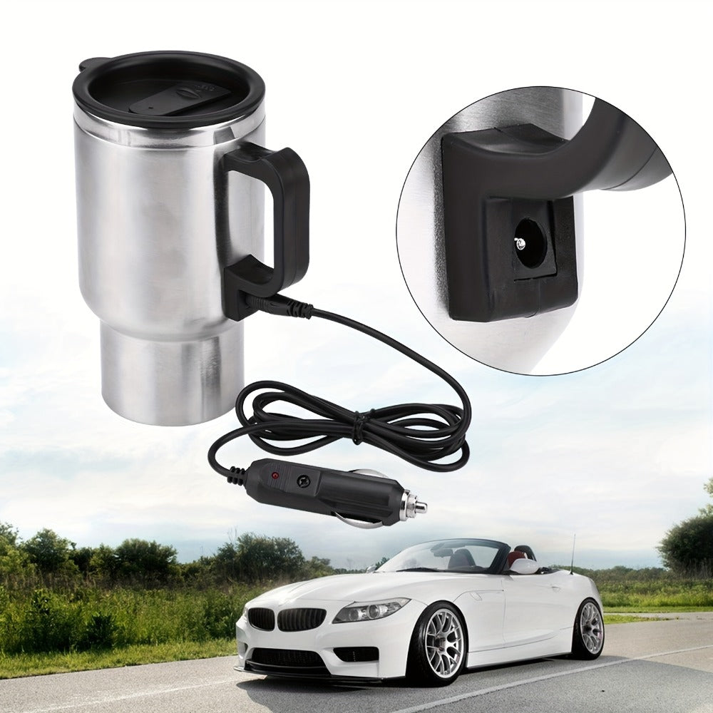 12V Car Electric Heating Travel Mug 450ml, Stainless Steel Car Electric Kettle with Cigarette Lighter Plug