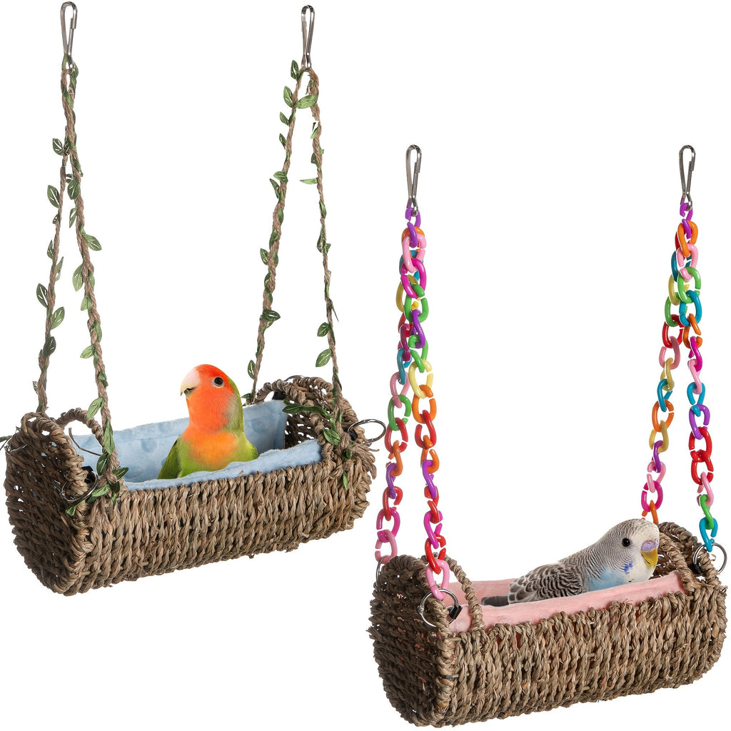 Rattan Hanging Bird Nest and Swing with Removable Mat and Choice of Natural Rope or Colorful Chain