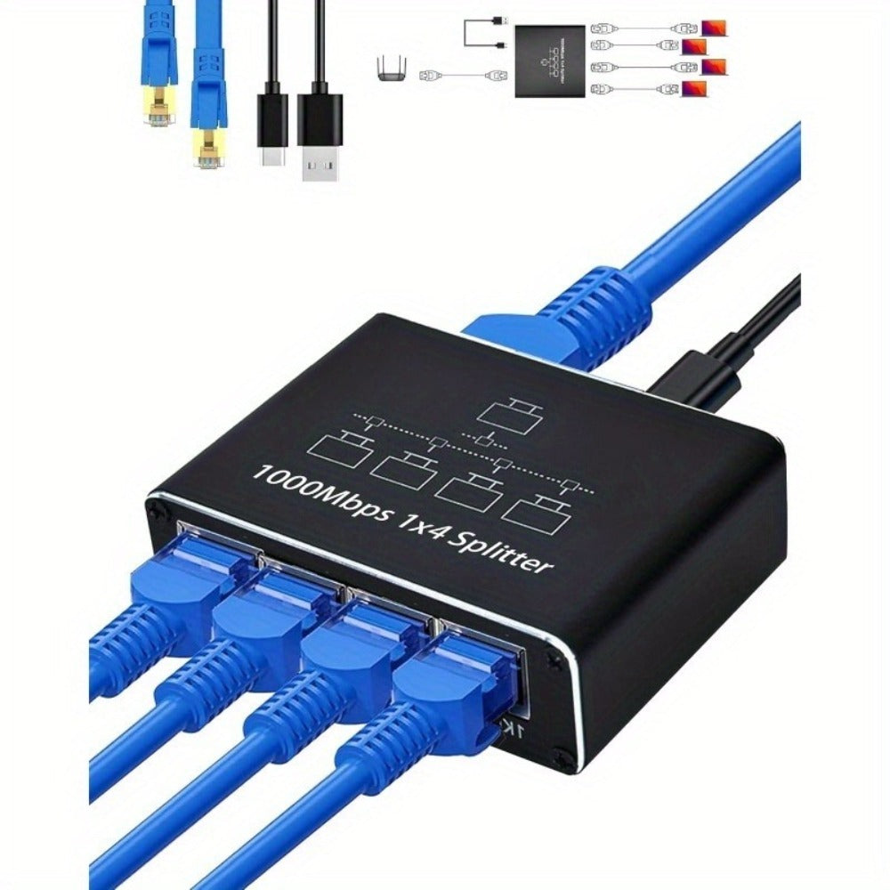 4-Port Ethernet Splitter USB Powered - 1 to 4 RJ45 Network Hub Adapter, Connect 4 Devices Simultaneously