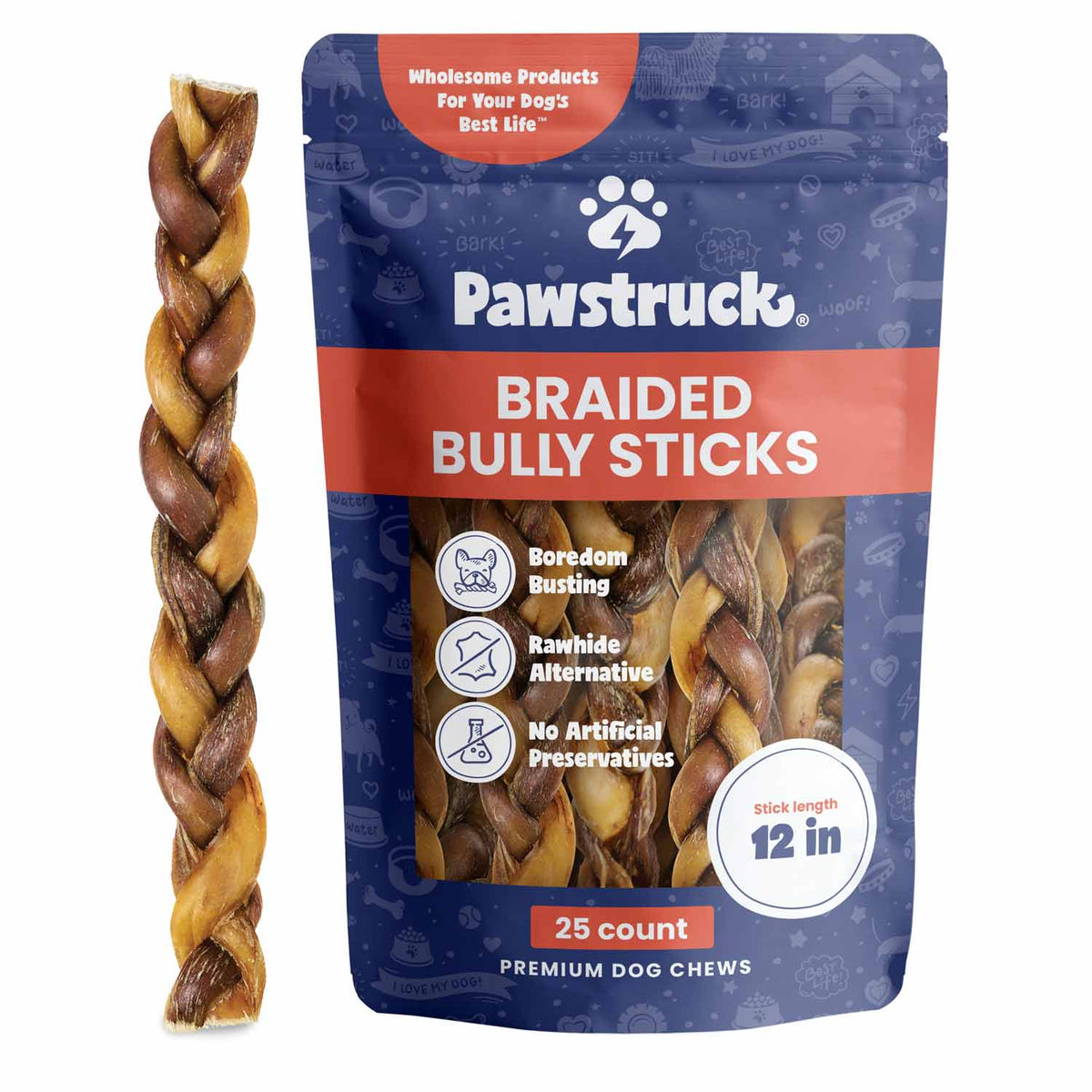 Braided Bully Stick Dog Chews 25 Braids