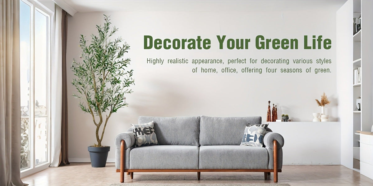 Multi-Branched Artificial Olive Tree with 5.25, 6 or 7 ft Height Options, Decorative Fruit and Black Nursery Pot
