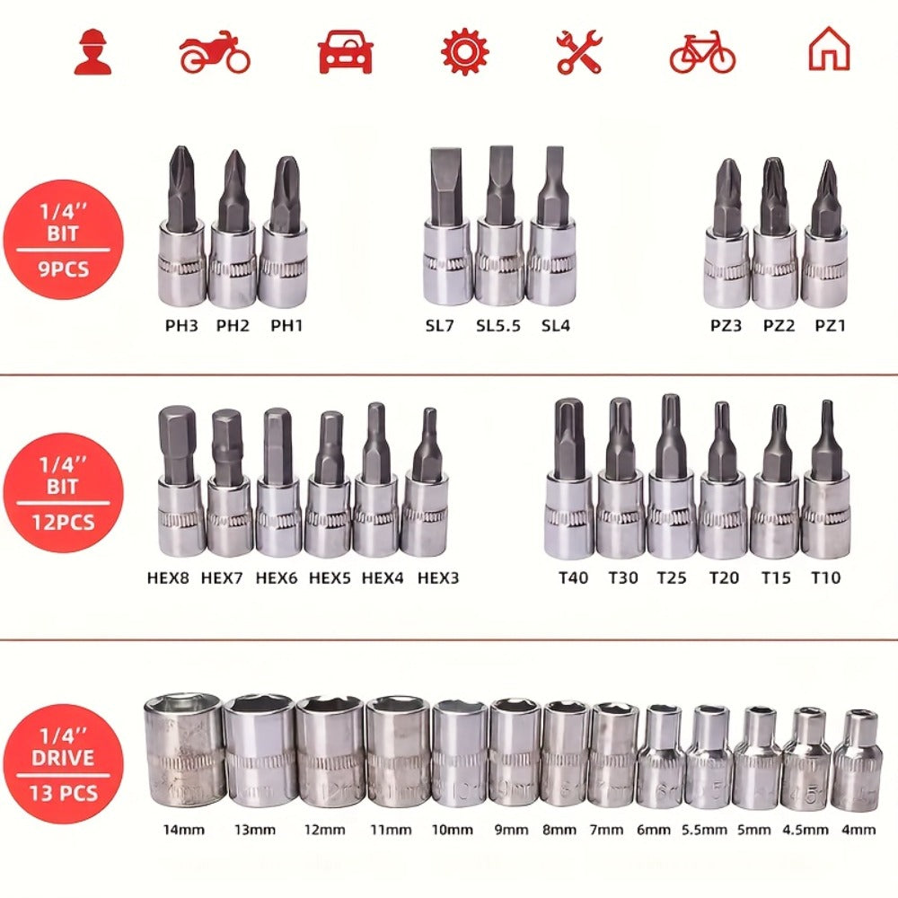 Professional Automotive Tool Set 55 / 63 / 96-Piece – Ratchet Socket Wrench Kit for Car & Bicycle Maintenance | High-End Mechanic Hand Tools