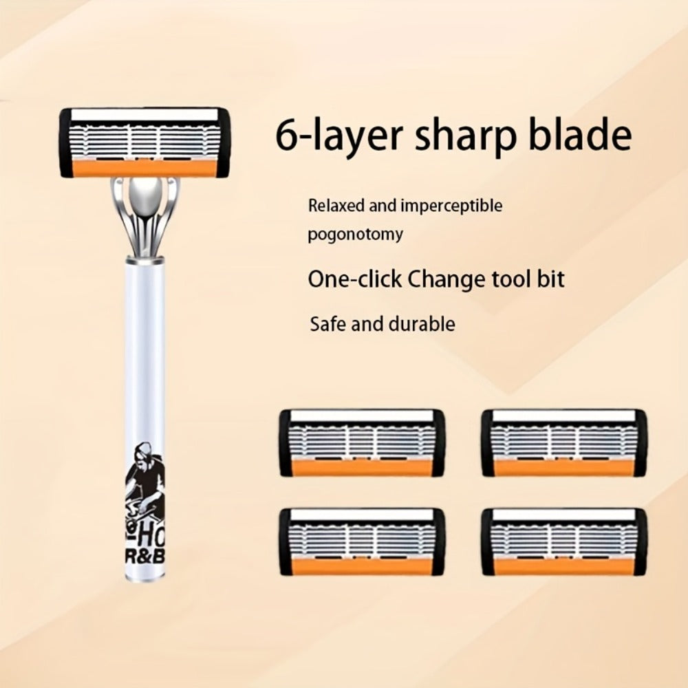6-Layer Blade Men's Razor Set with Lubricating Strip 2 Handles & 36 or 72 Replacement Blades – Smooth Close Shave Contour-Fitting Ergonomic