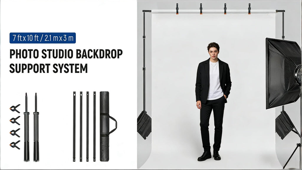 Adjustable Photography Backdrop Stand Kit in 10 x 7-Foot Size with Two Tripods, Four Crossbars, Four Clamps and Carry Bag