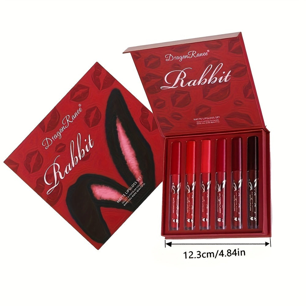 Lip Gloss Set by Dragon Ranee with 6 Red-Tone Matte Lip Colors, Tube Applicators and Gift Box