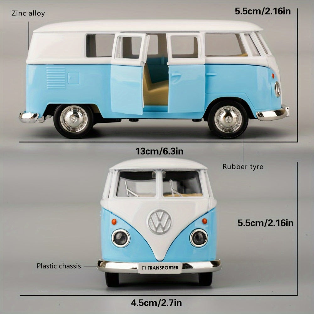 Volkswagen T1 Bus Diecast Model Car 1:36 Scale Zinc Alloy Pullback, Vintage Blue & White, Detailed Interior