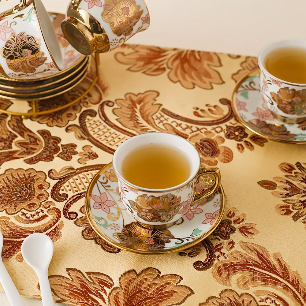 20-Piece Floral Ceramic Tea Set with Saucers & Metal Stand, European Afternoon Tea Service, Blooming Design