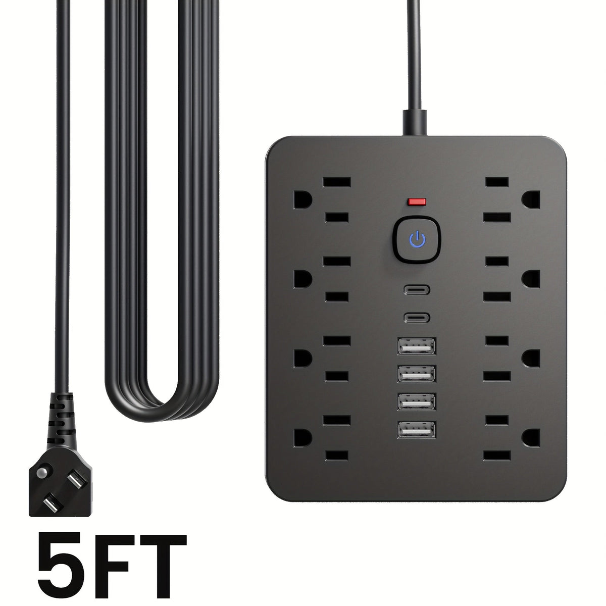 Power Strip Flat-Plug Wall-Mount 14-in-1 with 8 AC Outlets, 4 USB-A, 2 USB-C and 5- or 10-Foot Cord