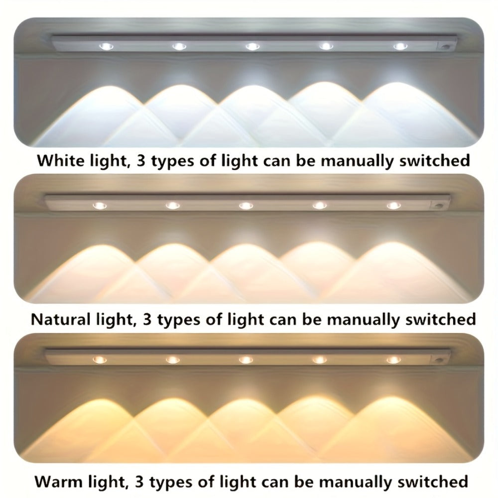 LED Sensor Strip Light USB Rechargeable – 3-Color Dimmable Motion Sensing Wireless Night Light for Kitchen, Wardrobe, Cabinet
