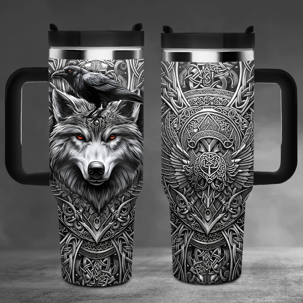 40oz Wolf-and-Raven Graphic Handled Tumbler with Black Lid, Straw and 10 x 26.8 cm Pictured Size