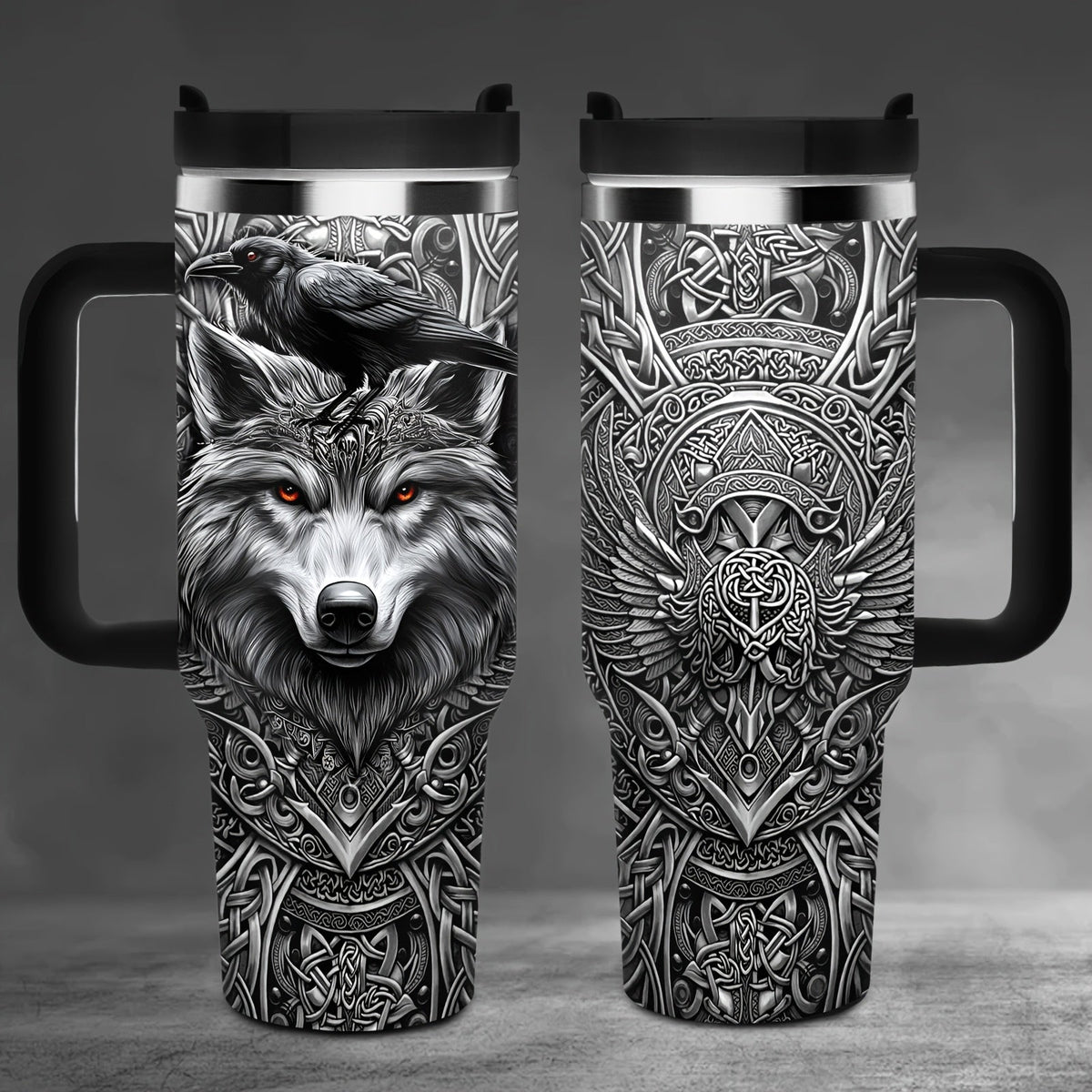40oz Wolf-and-Raven Graphic Handled Tumbler with Black Lid, Straw and 10 x 26.8 cm Pictured Size