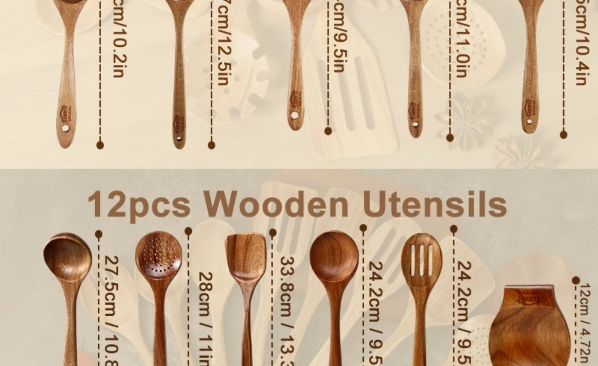 Kitchen Utensils 10-Piece Teak Wood Spoon and Spatula Set with Thickened, Basic and Shovel Configurations